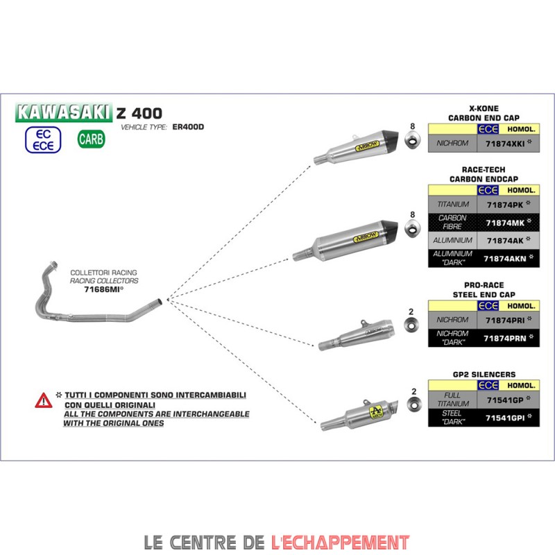 Ligne Complète ARROW Race Tech Kawasaki Z 400 2019-... Coupelle Carbone