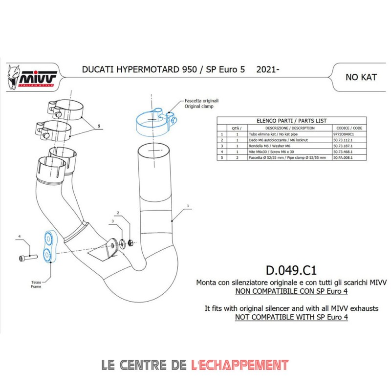 Manchon raccord sans catalyseur MIVV DUCATI HYPERMOTARD 950 2021-...